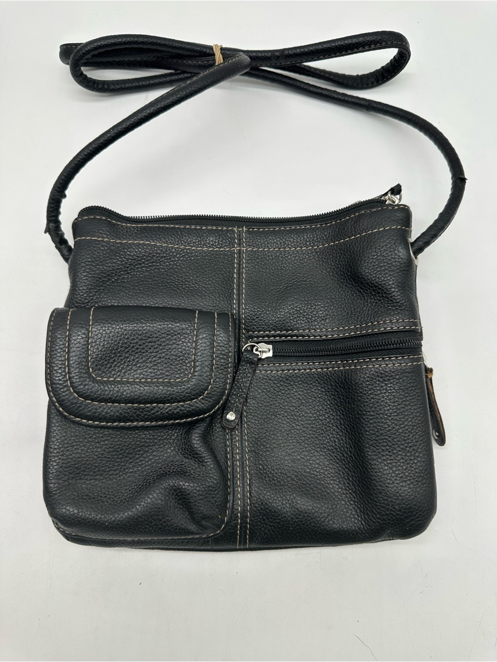 Tignanello Black Genuine Leather Crossbody Bag Organizer Travel Purse Pockets